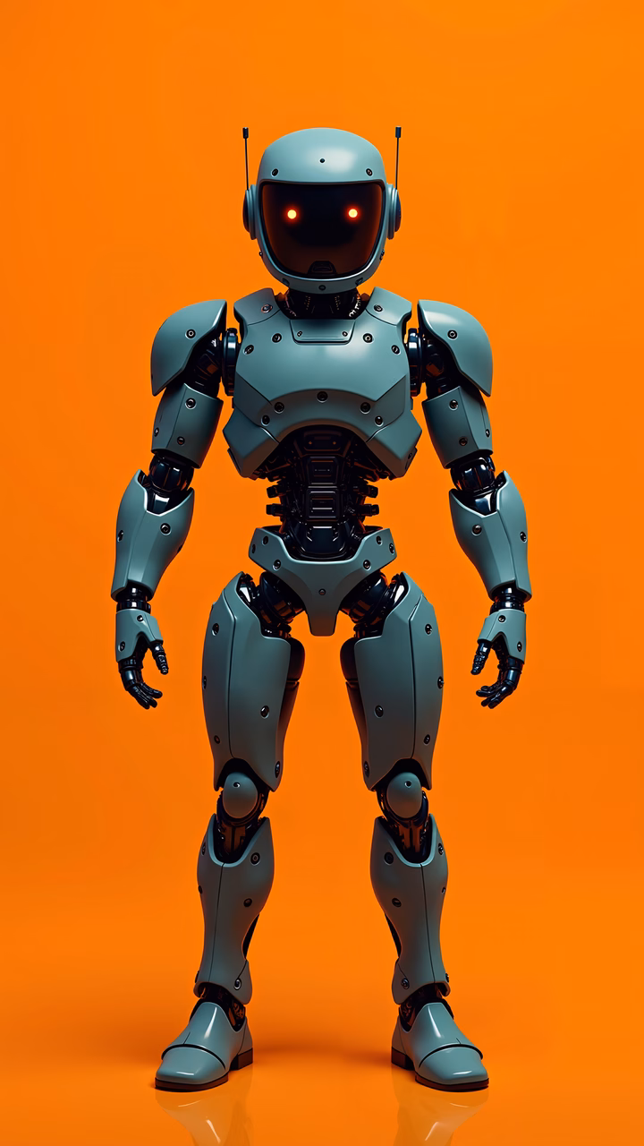 Sleek metallic cyborg robot with glowing red eyes against a vibrant orange background.
