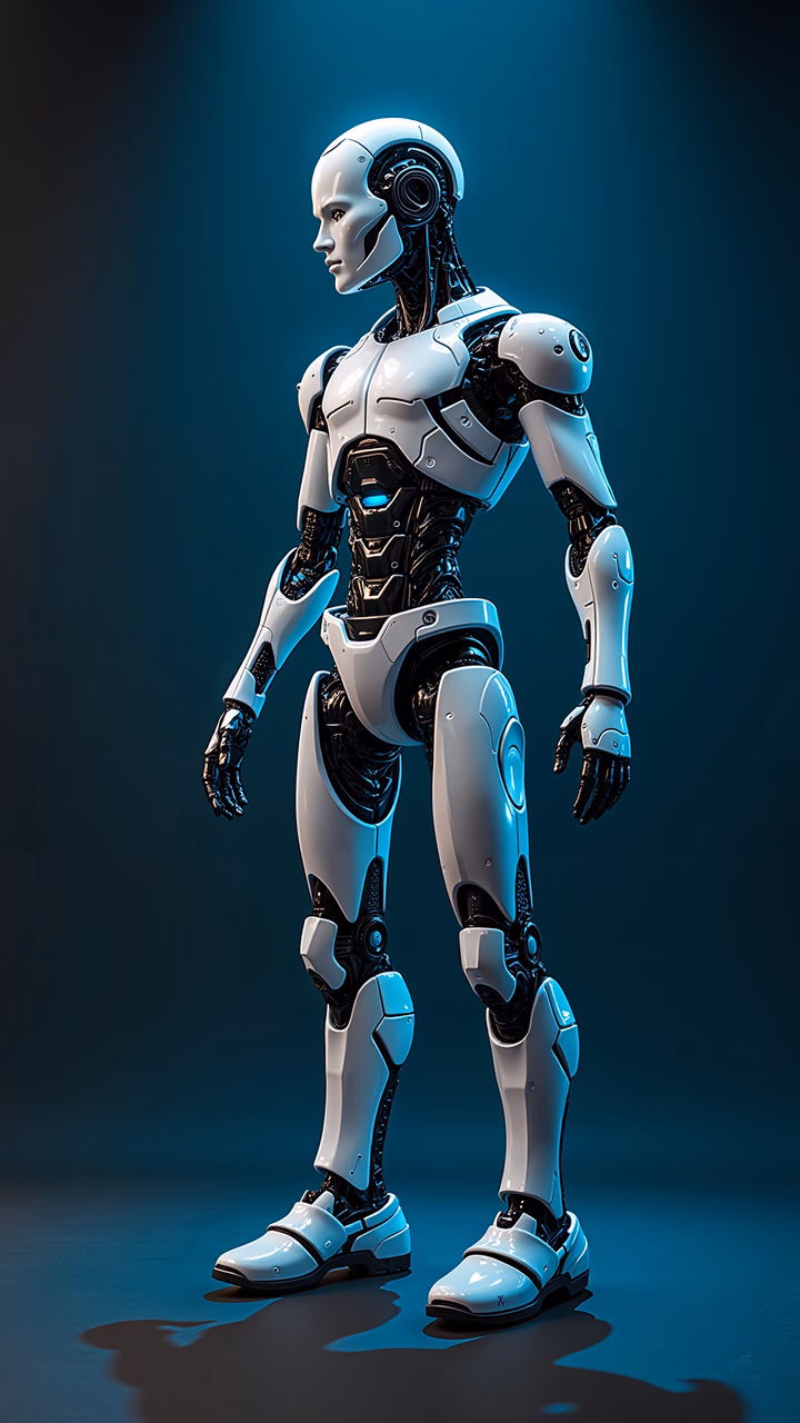 A detailed illustration of a futuristic cyborg robot standing against a dark blue backdrop.