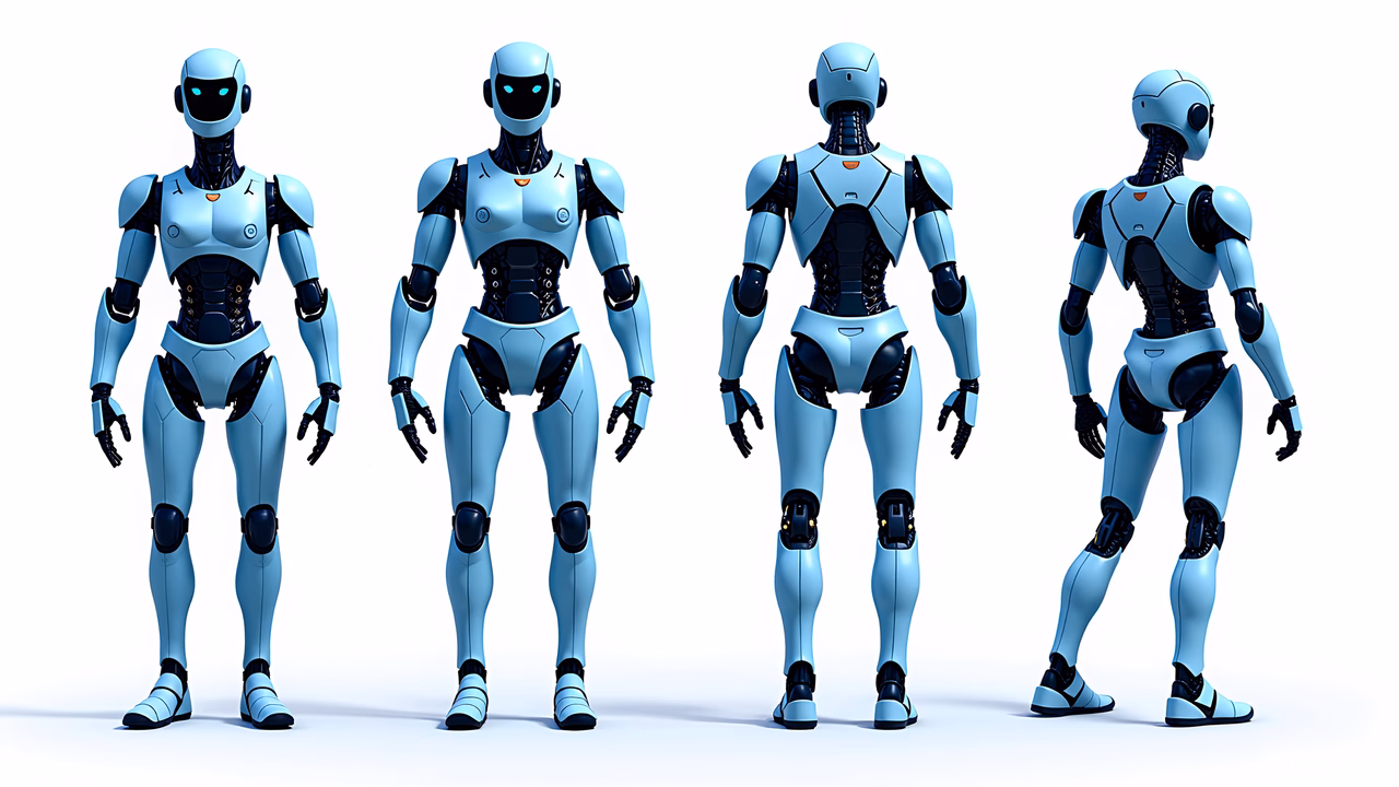 Minimalist, futuristic cyborg robot illustration featuring four views.