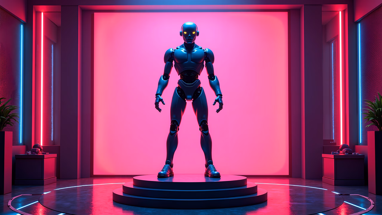 A cybernetic figure in a neon-lit room, blending technology and science fiction.