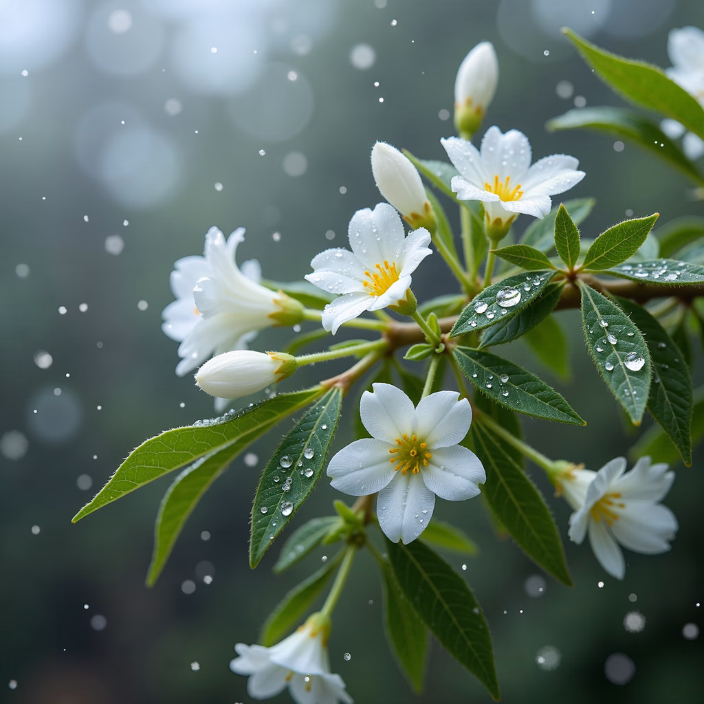 Close-up of dew-covered white blossoms on a green leafy branch, evoking serenity and freshness.