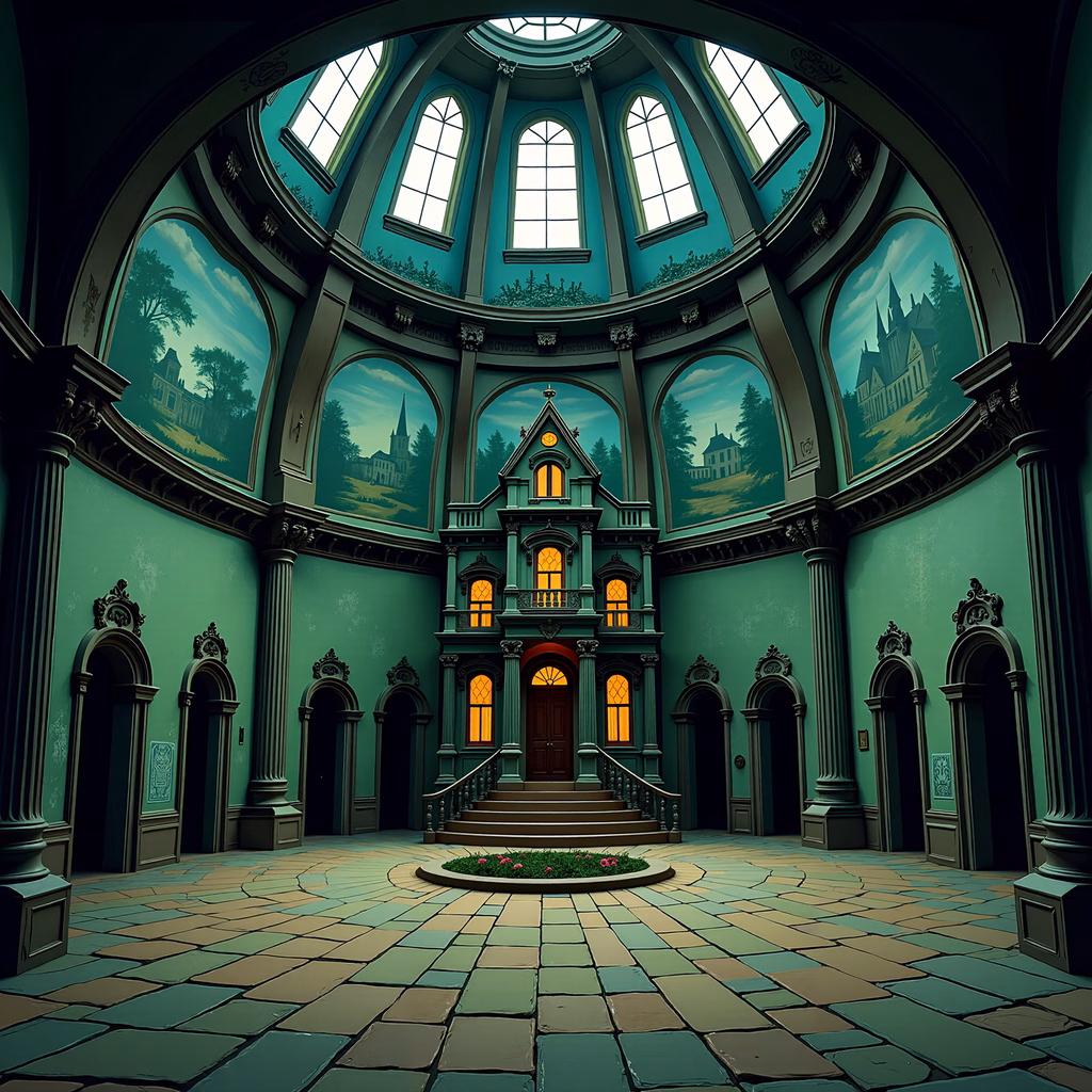 Victorian-inspired hall with dreamy landscapes and warm lighting.