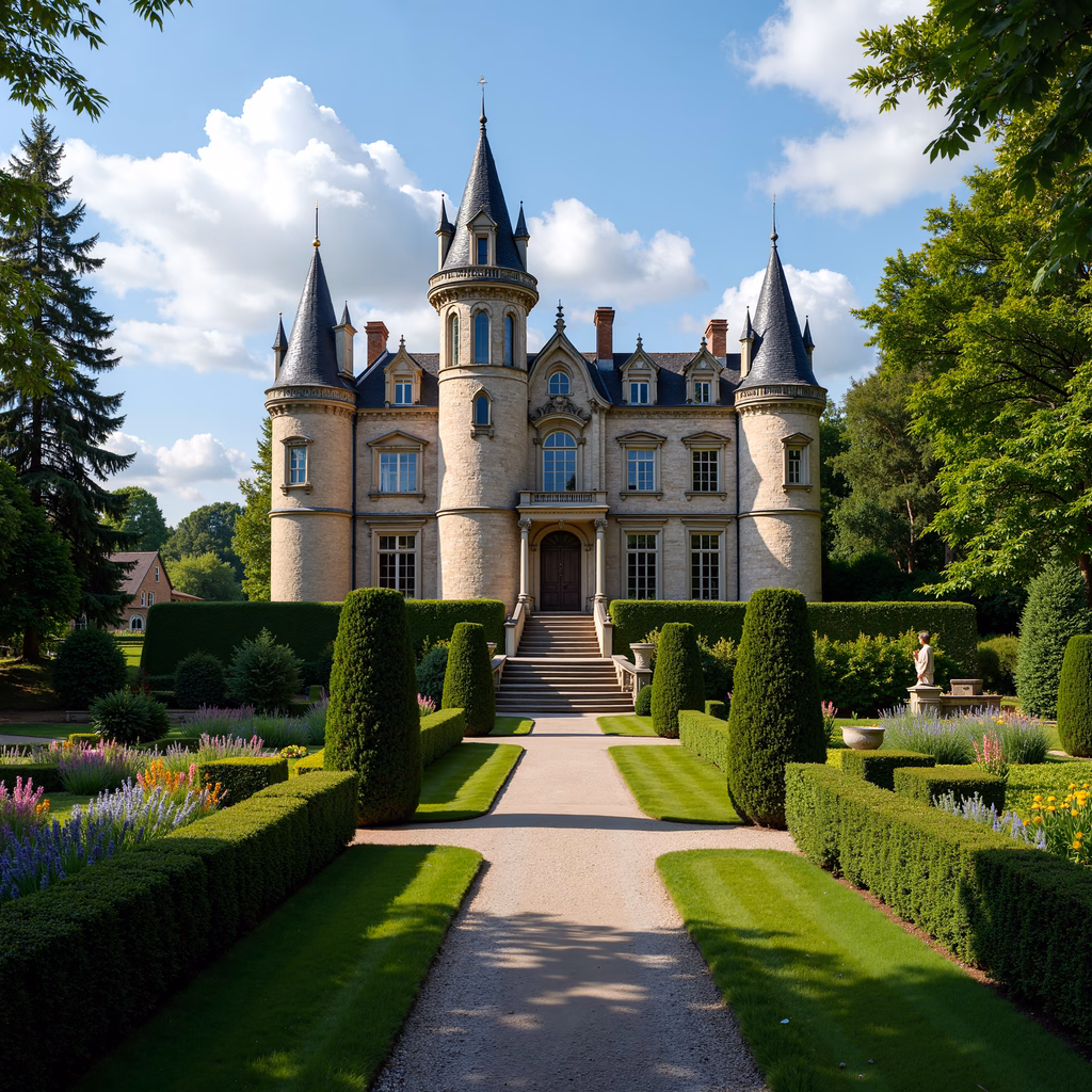 A picturesque castle garden with manicured hedges and blooming flowers under sunny skies.