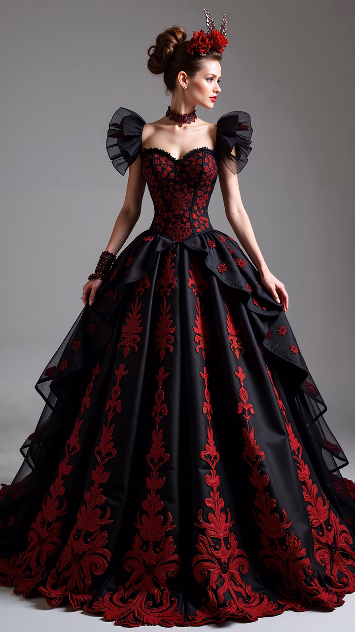Elegant gothic ball gown with black and red embroidery, dramatic design, and regal elegance.