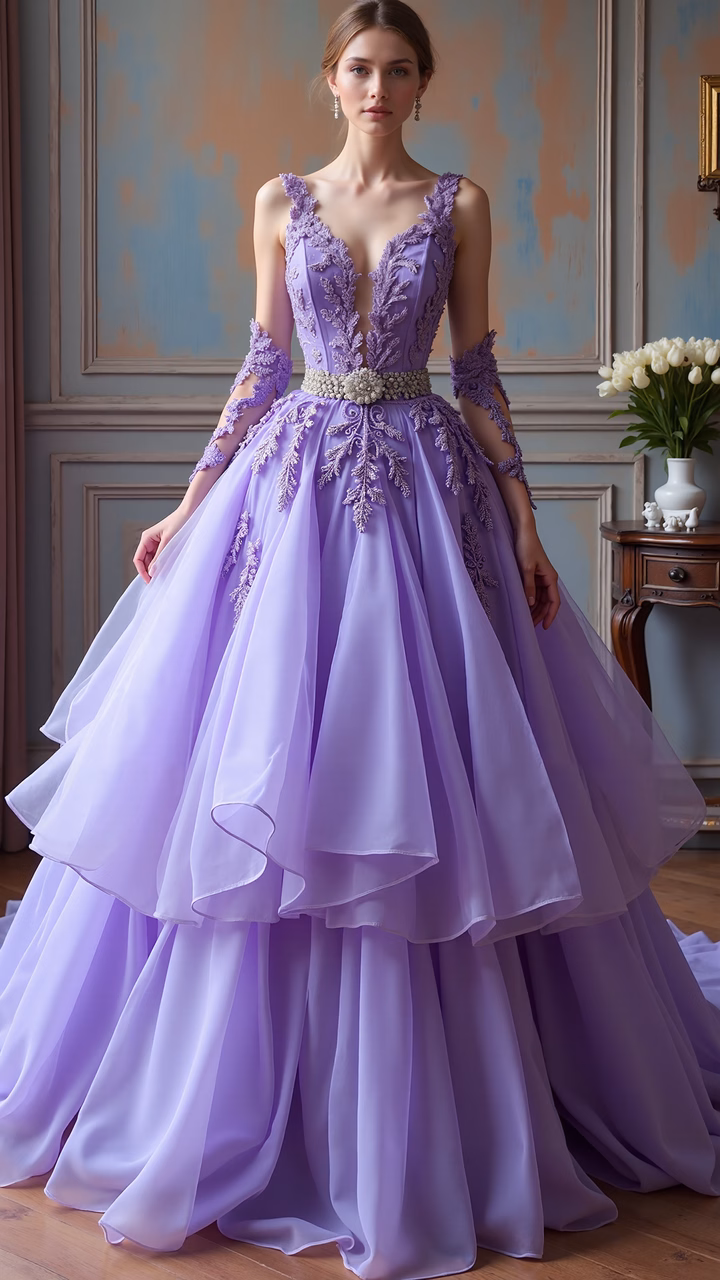 Elegant lavender ball gown with intricate lace details and a regal silhouette.