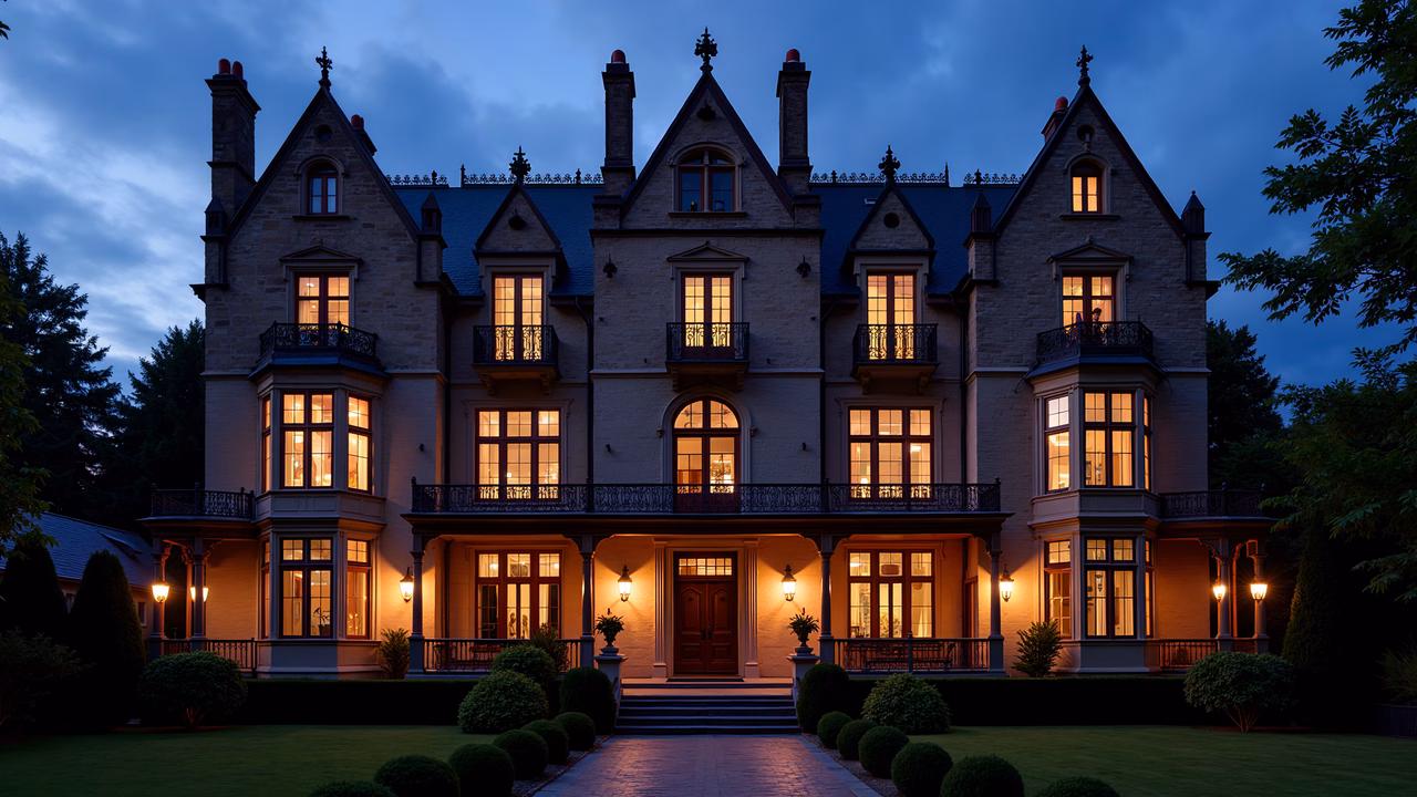 A majestic Gothic Revival mansion illuminated by evening light, showcasing architectural beauty and tranquility.
