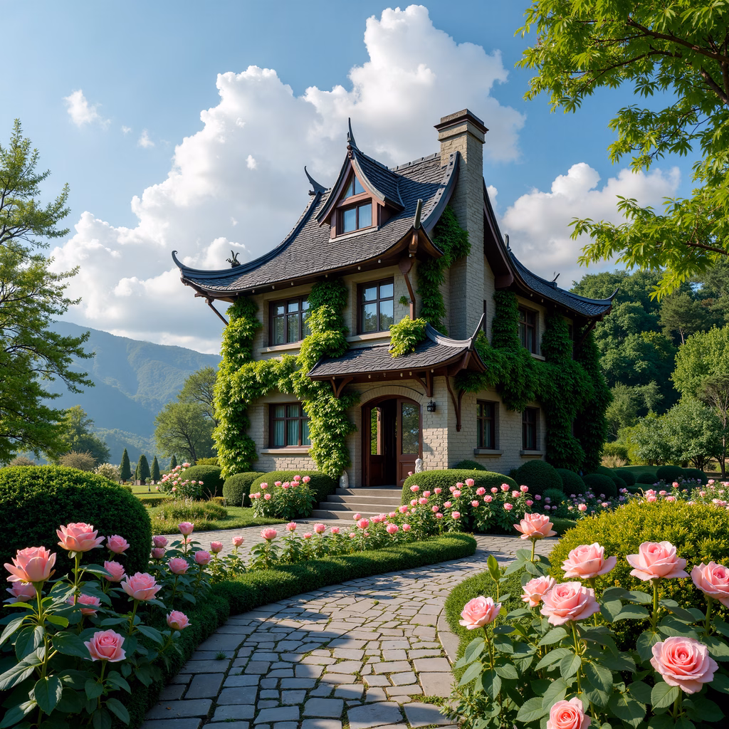 A stunning mansion with ivy-covered walls amidst a tranquil garden setting.