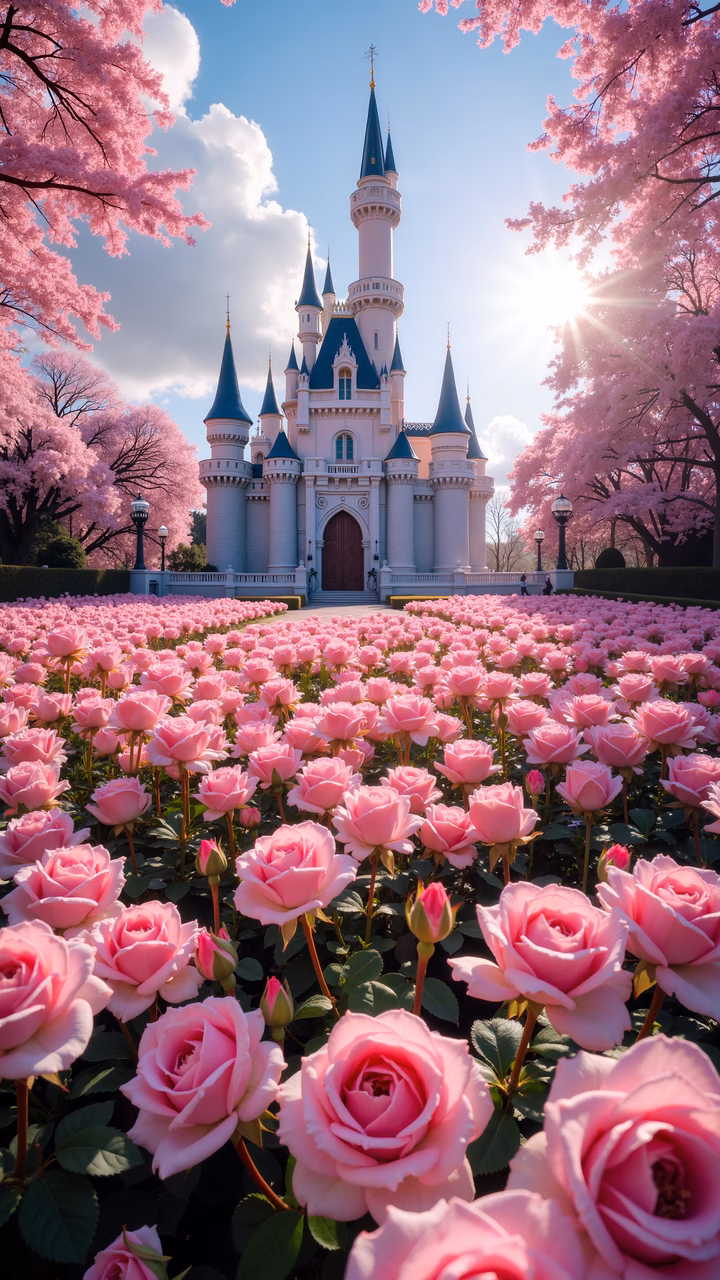 Magical castle surrounded by blooming roses under a sunny sky.
