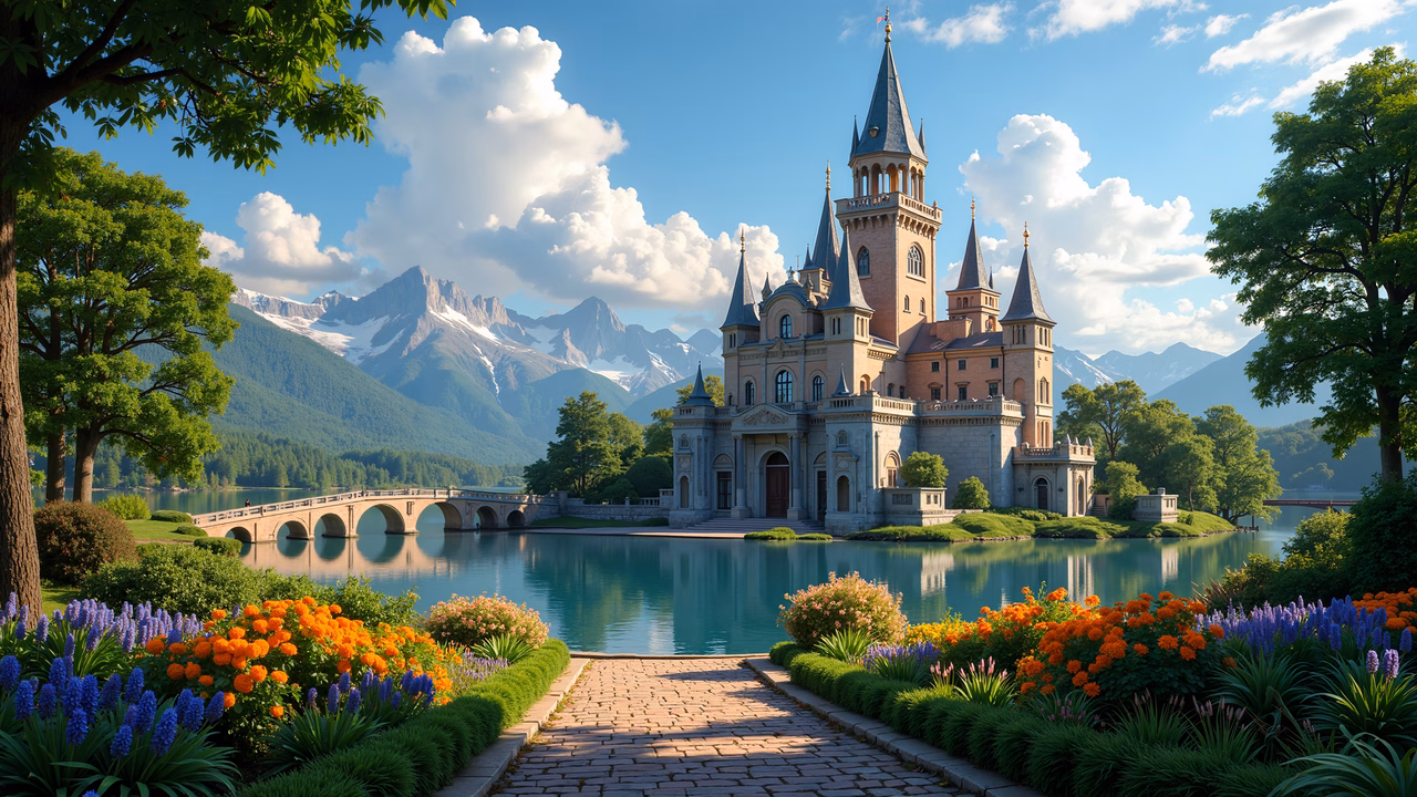 A fairy tale castle nestled amidst nature, with vibrant colors and serene surroundings.