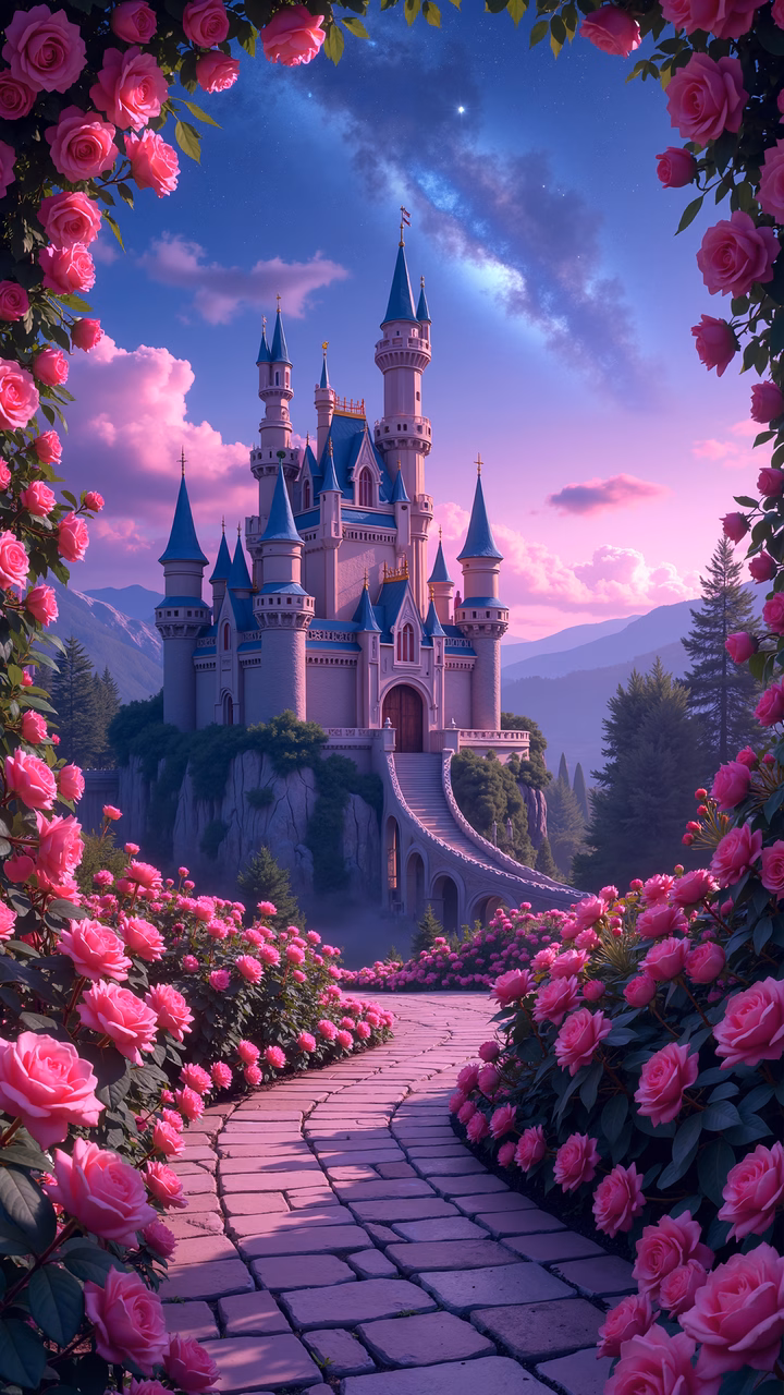 Magical fairytale castle surrounded by roses at dusk.