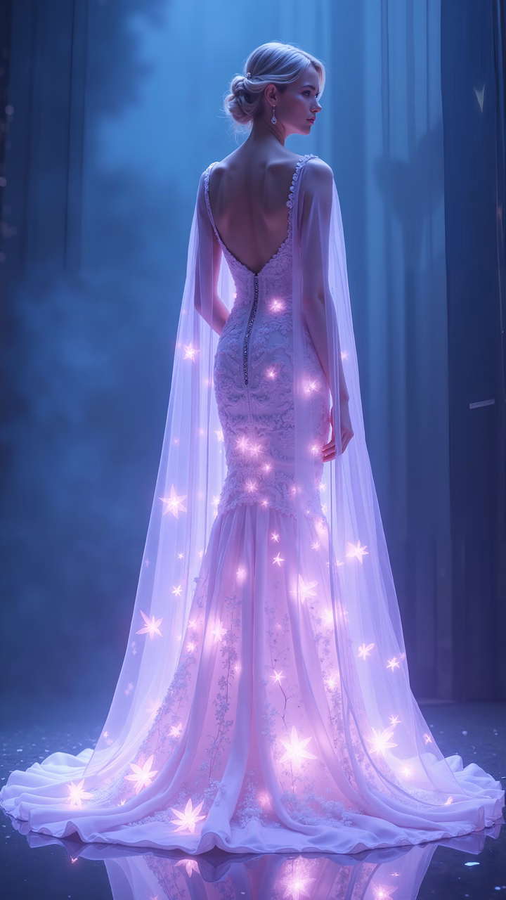 Elegant evening gown with glowing stars, ethereal beauty, fashion illustration