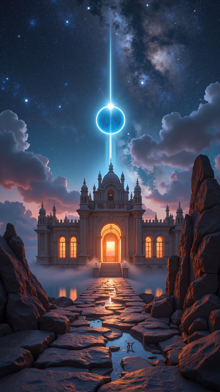 A magical palace illuminated by celestial light, blending fantasy and wonder.