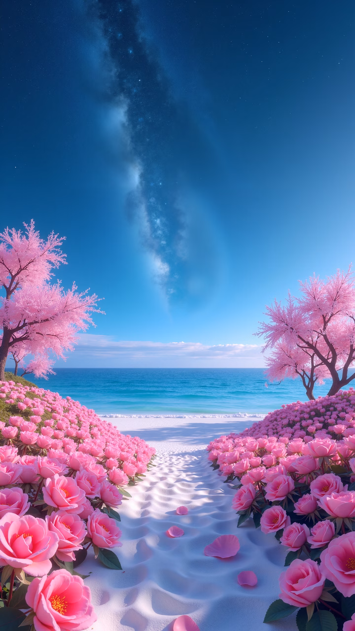 A magical night scene with pink roses and cherry blossoms on a sandy beach.