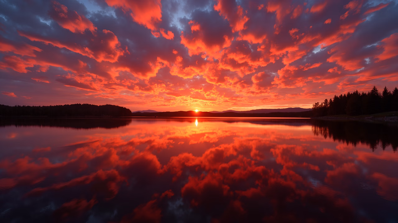 Fiery sunset reflected in serene waters, creating a stunning contrast between vibrant sky and tranquil water.