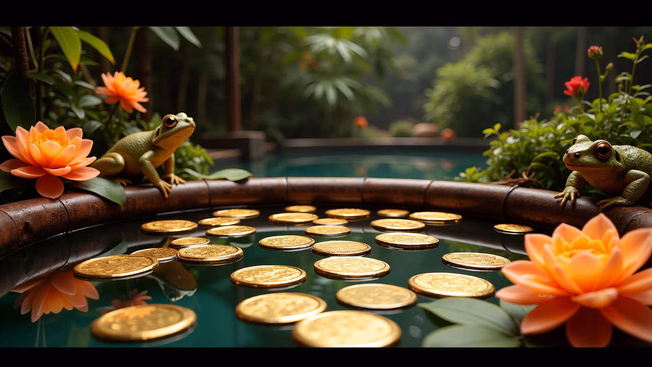 Two frogs and golden coins in a tranquil pond surrounded by lotus flowers.