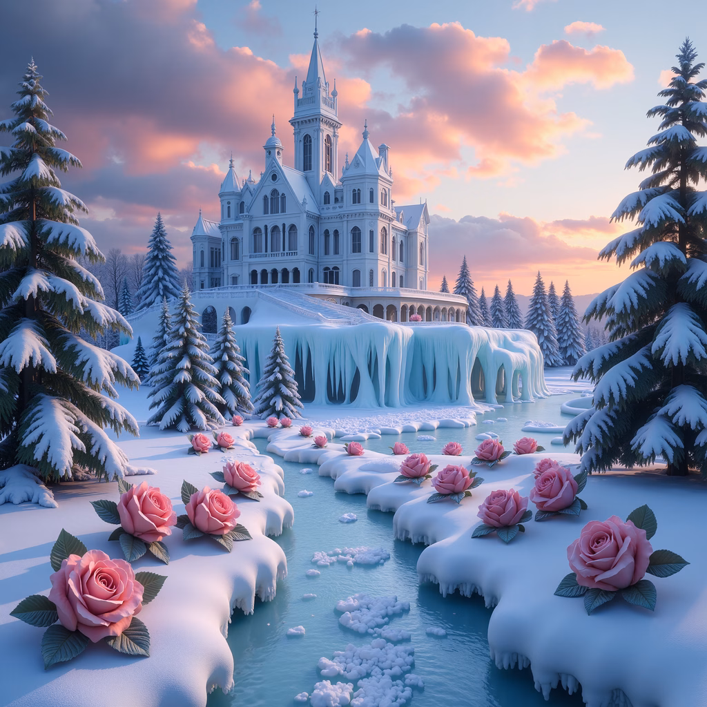 A snowy castle with pink roses at sunset.