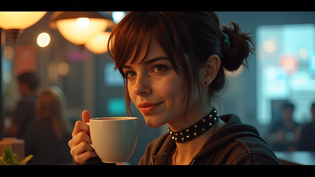 Close-up portrait of a woman sipping coffee in a warm, inviting café.