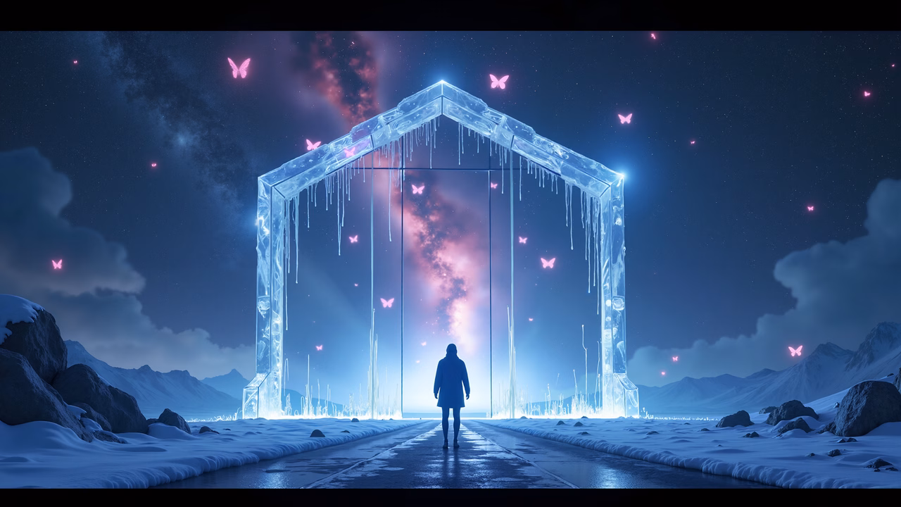 A lone figure stands before a glowing, icy gateway in a fantastical night sky filled with butterflies.