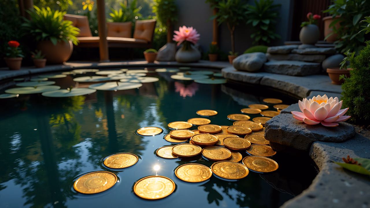 Golden coins on a serene pond with lush greenery and pink lotus flowers.