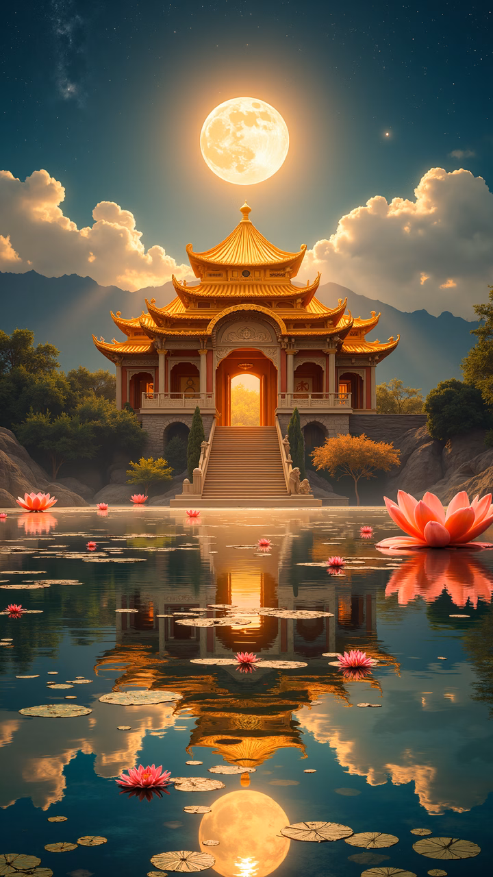 Golden pagoda reflecting in a moonlit pond with lotus flowers, serene landscape art.