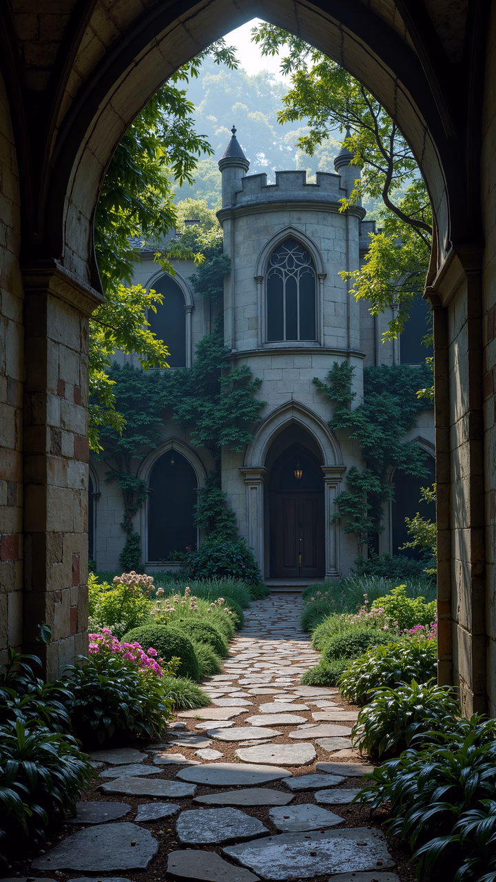 A tranquil Gothic castle garden with stone pathways and vibrant flowers.