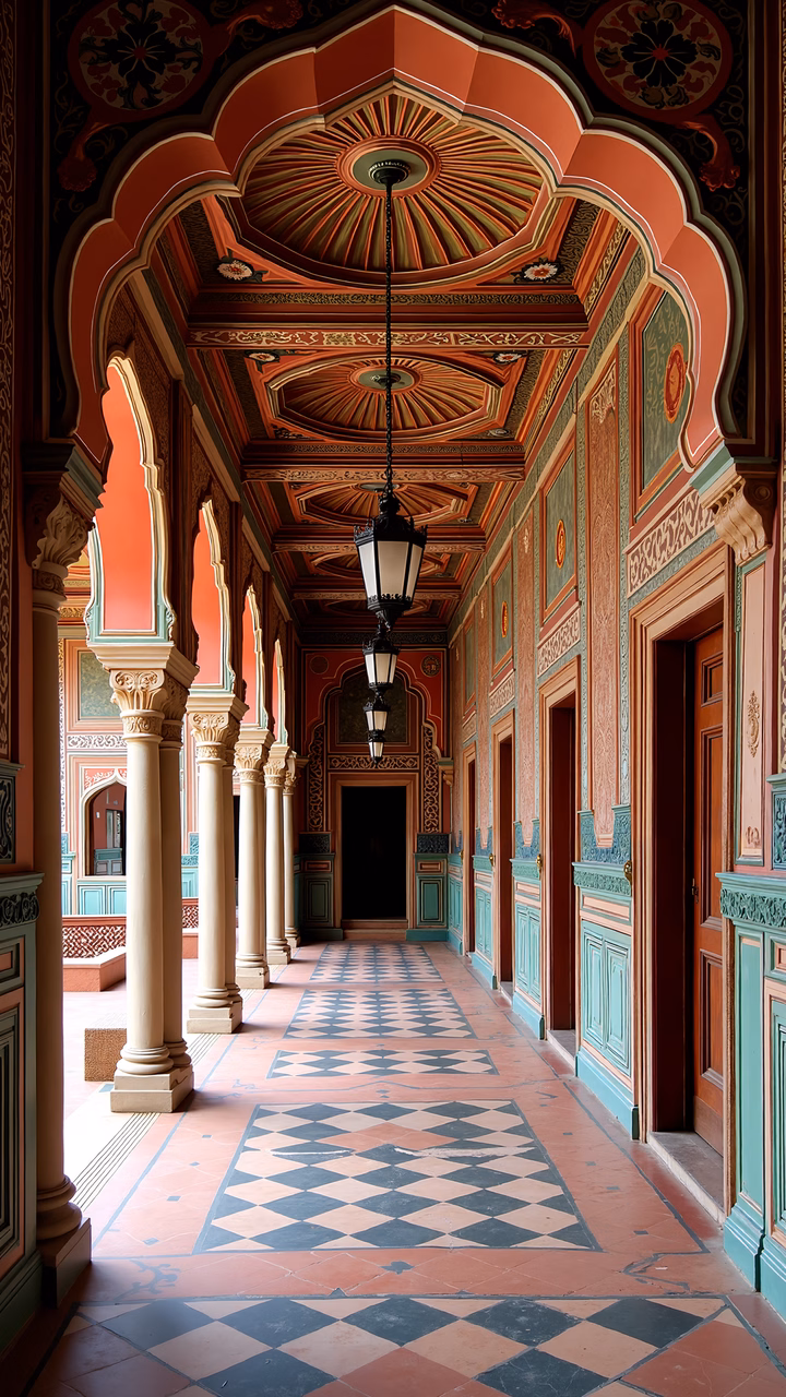 Elegant grand corridor with intricate architecture and vibrant colors.