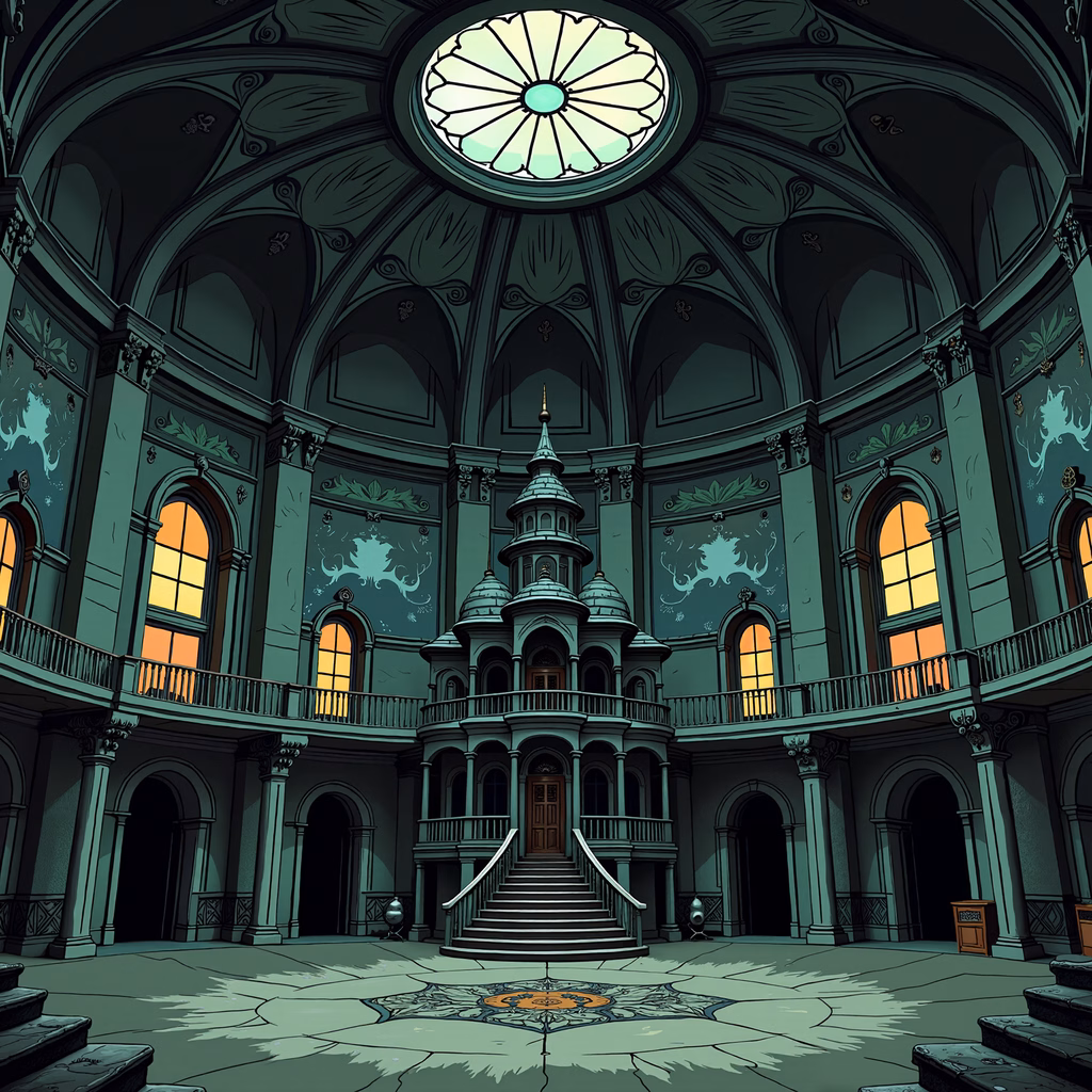 Mysterious Gothic hall with intricate architecture and warm lighting.