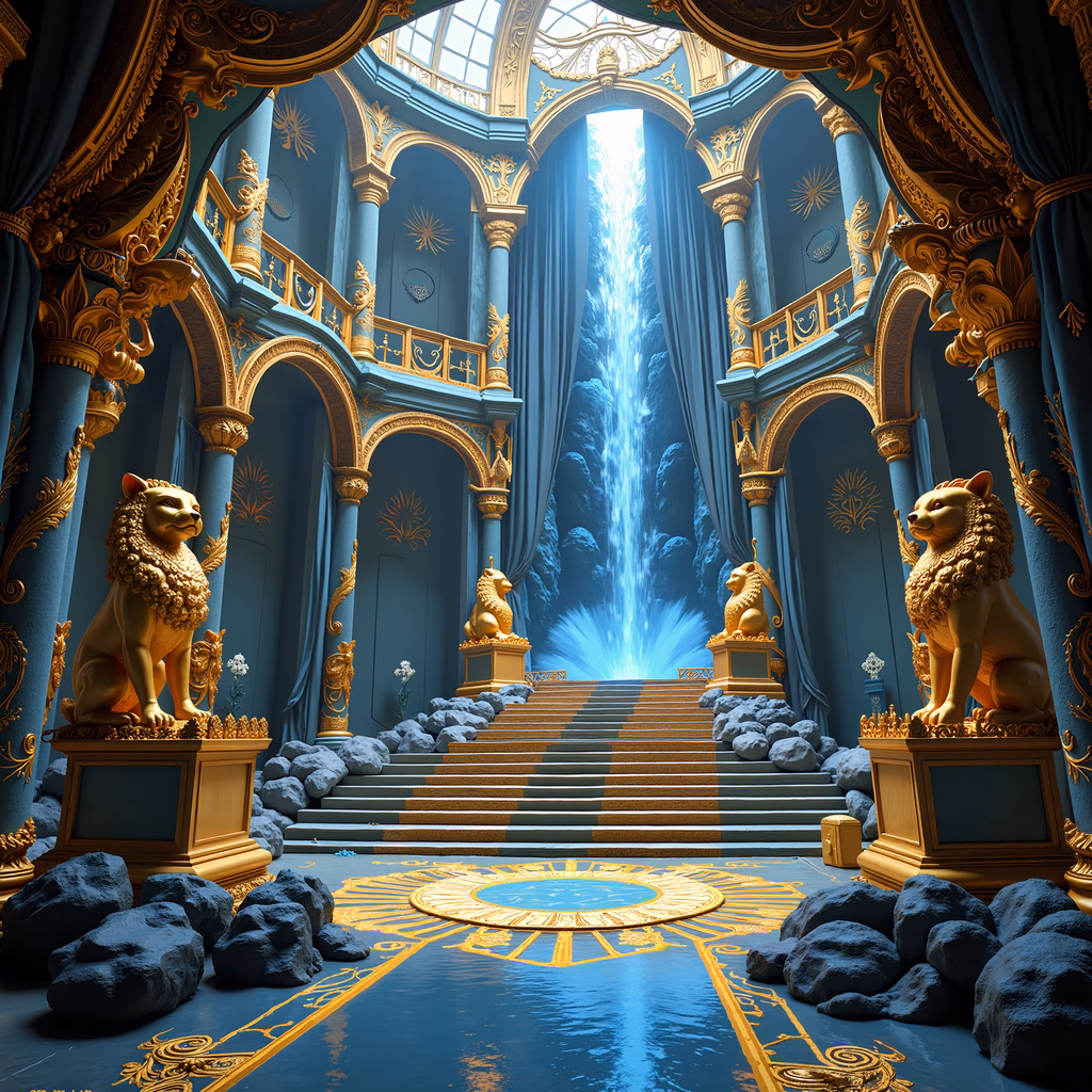 Grand hall with golden lions and a waterfall backdrop, showcasing regal fantasy architecture.