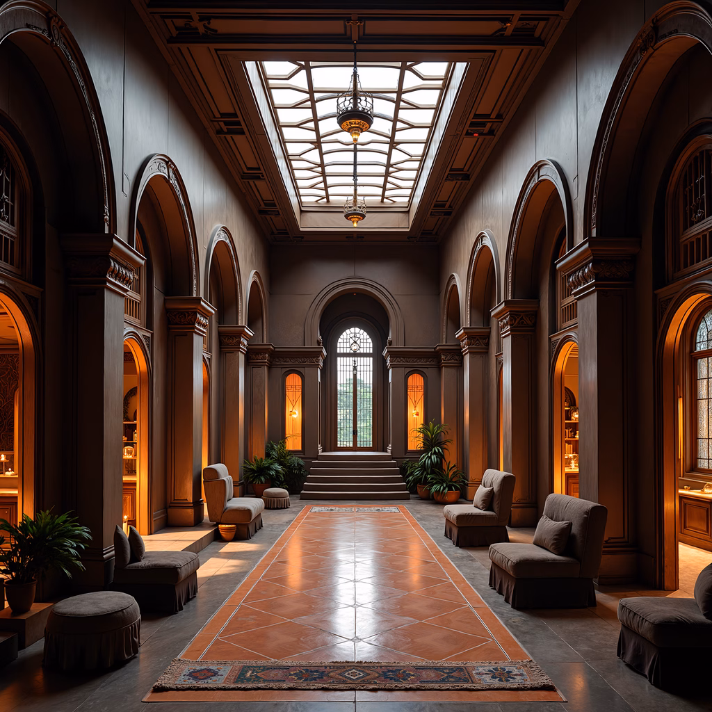 Elegant grand hallway with high ceilings and natural light.