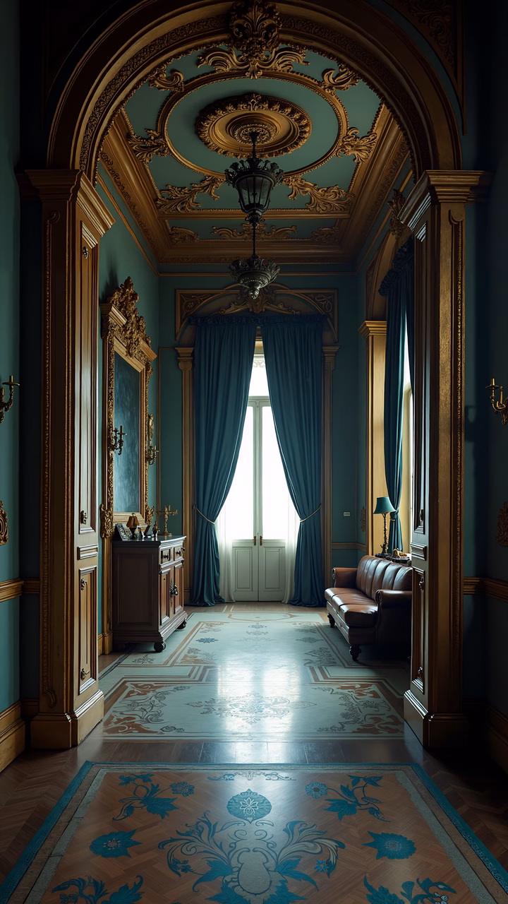 Elegant grand hallway with intricate gold details and teal accents.
