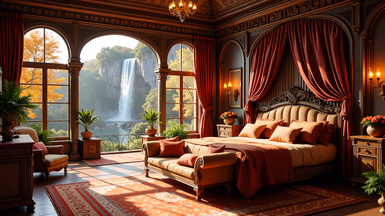 A grand Victorian bedroom with warm sunlight and a waterfall view.
