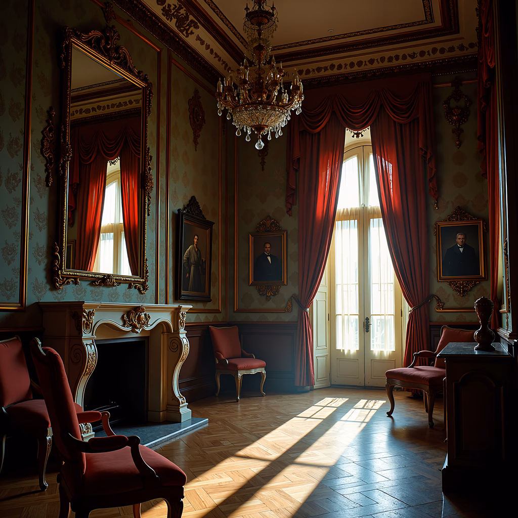 Elegant Victorian interior with rich red curtains and ornate gold details.