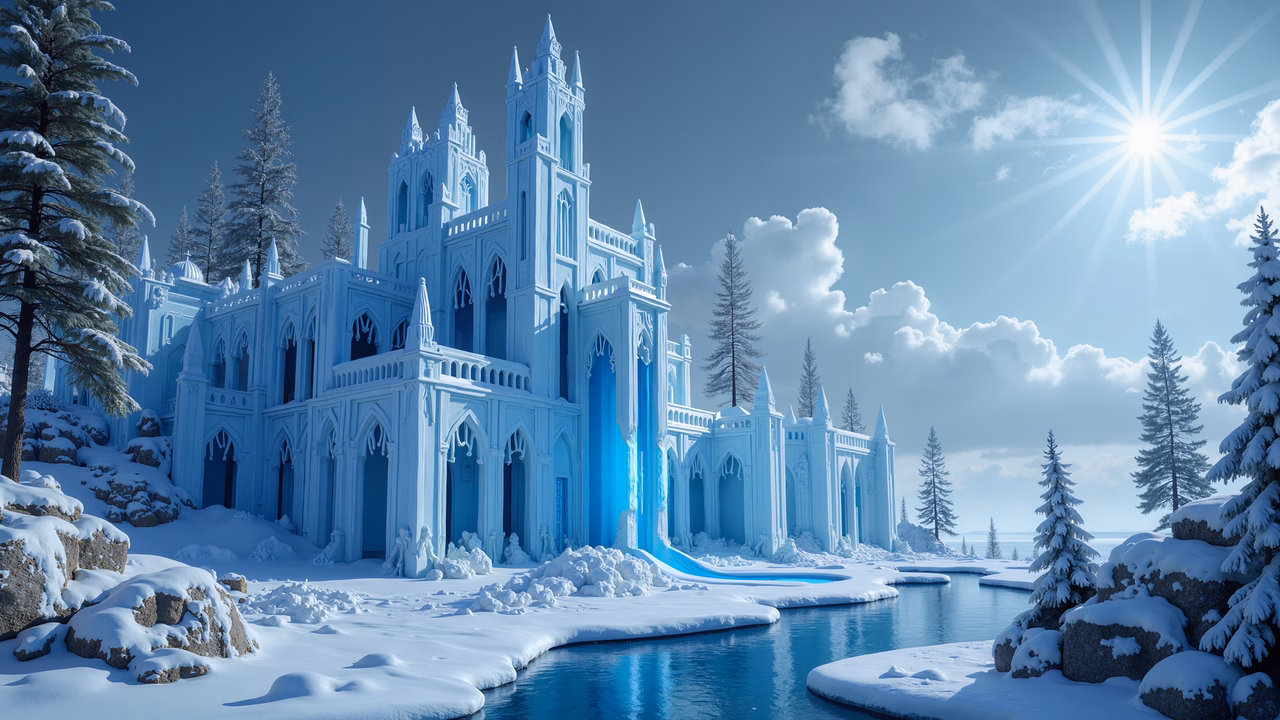 A stunning icy cathedral in a serene winter wonderland.