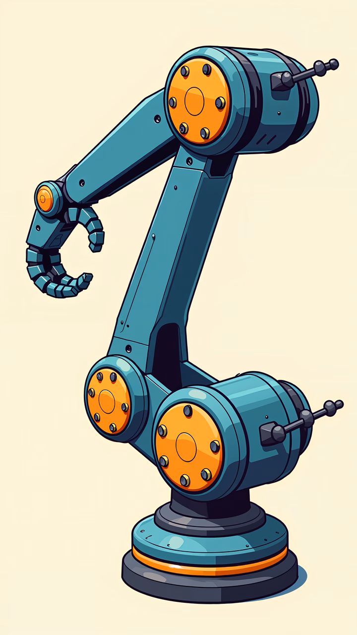 A detailed illustration of a blue and orange industrial robot arm against a beige background.