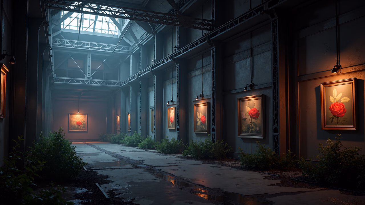 Dimly lit industrial corridor with vibrant red roses framed on the walls, creating a striking contrast.