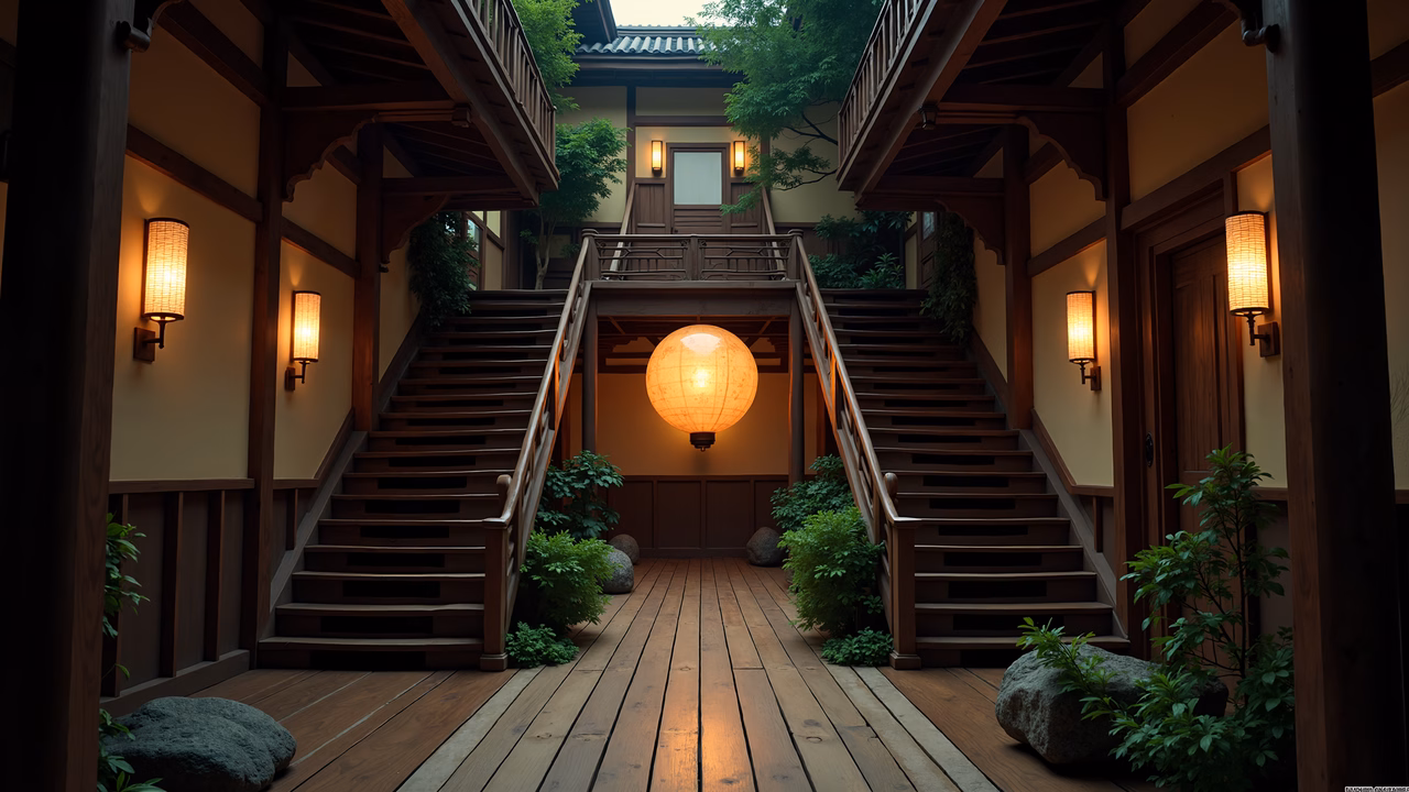 A tranquil Japanese courtyard with wooden stairs and a hanging lantern.