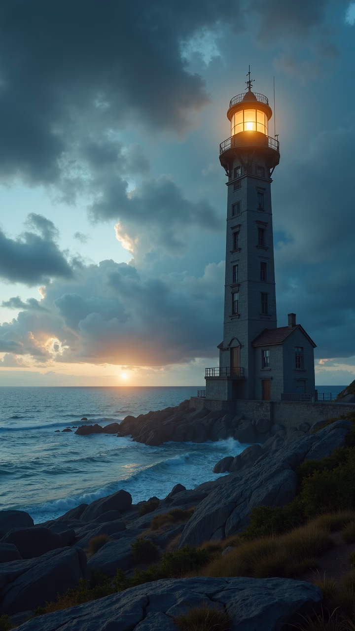 A lighthouse bathed in the warm light of sunset, surrounded by rocky coastlines and lush vegetation.