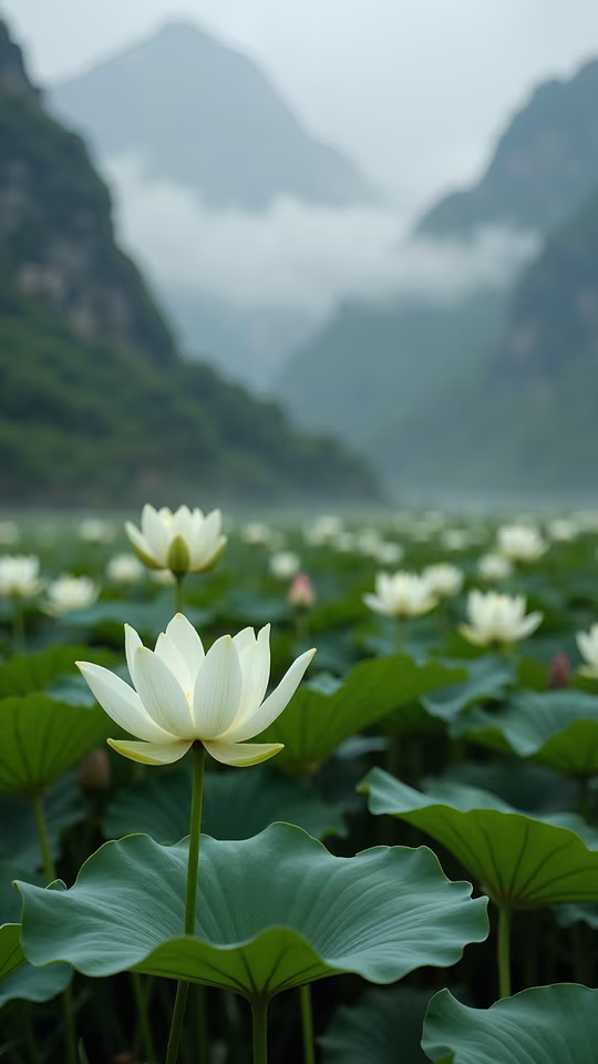 Lotus Field in Mist