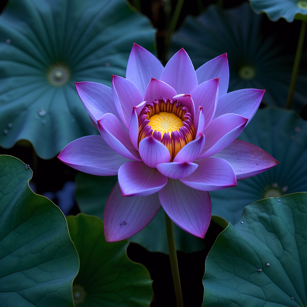 Vibrant purple lotus flower amidst lush green leaves.