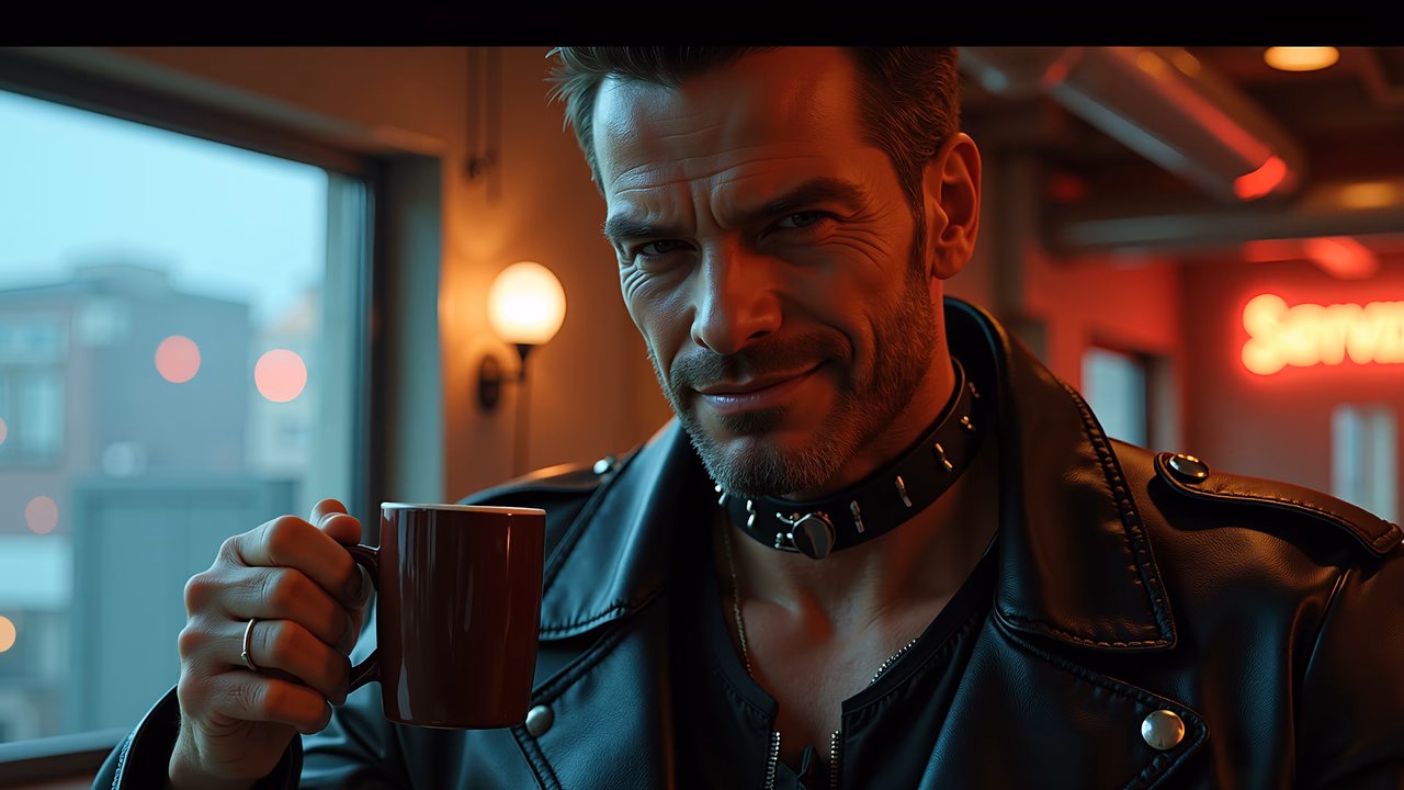 A man enjoying his coffee in a vibrant, neon-lit bar setting.