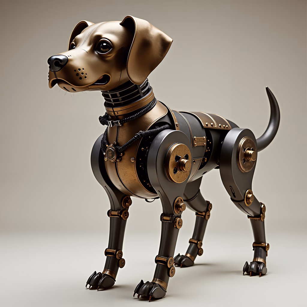 Steampunk mechanical dog with brass and black details, minimalistic background.