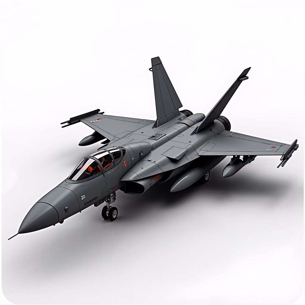 Highly detailed military jet illustration with sleek design and monochromatic color scheme.