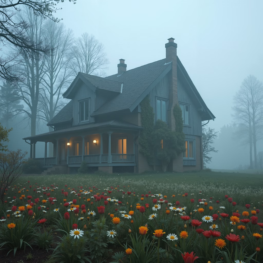 A misty, cozy cottage surrounded by colorful flowers in a tranquil landscape.