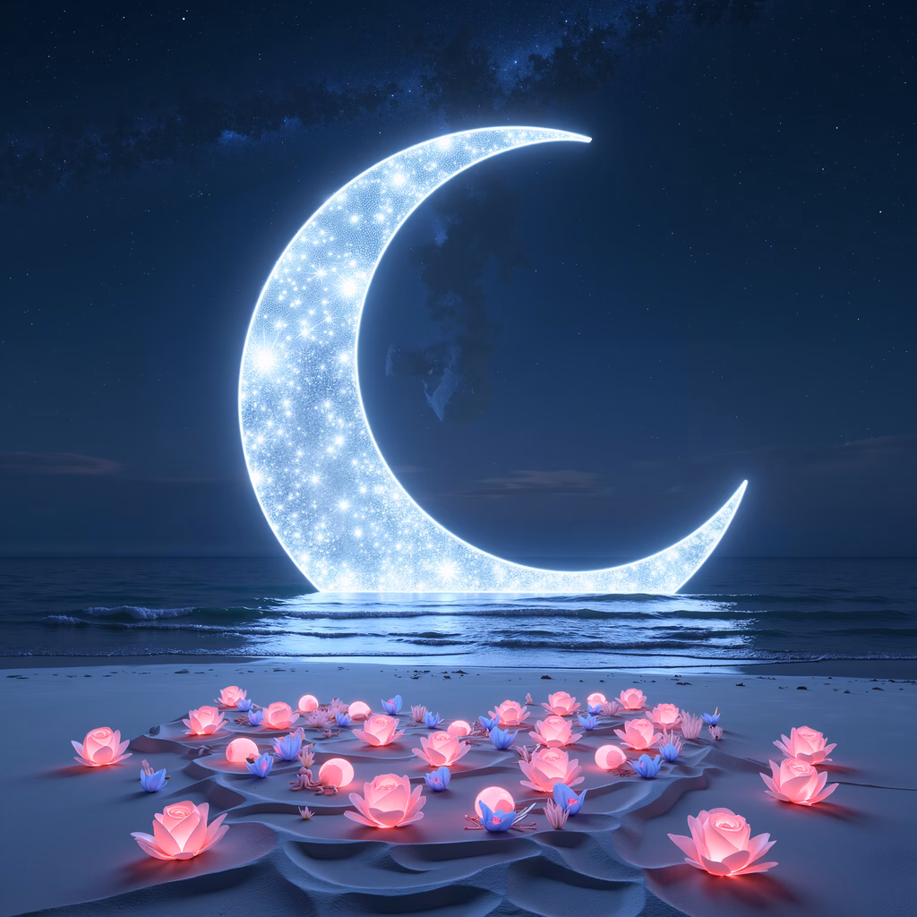 A magical moonlit beach with glowing flowers and a sparkling crescent moon.