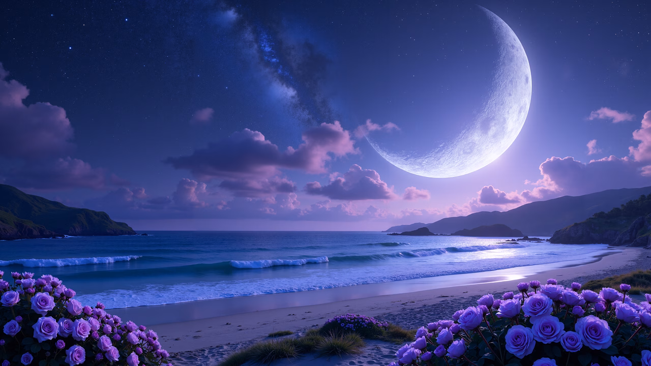 A magical moonlit beach scene with purple roses and a crescent moon.
