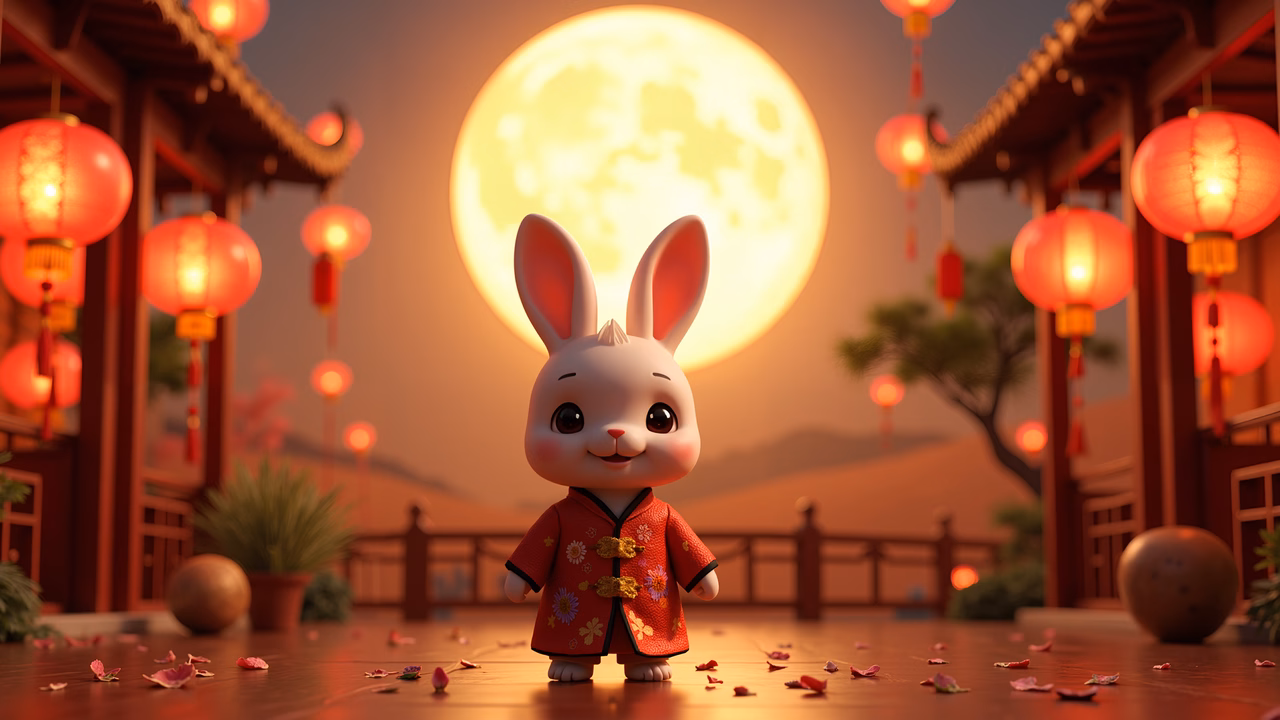 A cute rabbit in traditional attire under a full moon, surrounded by red lanterns.