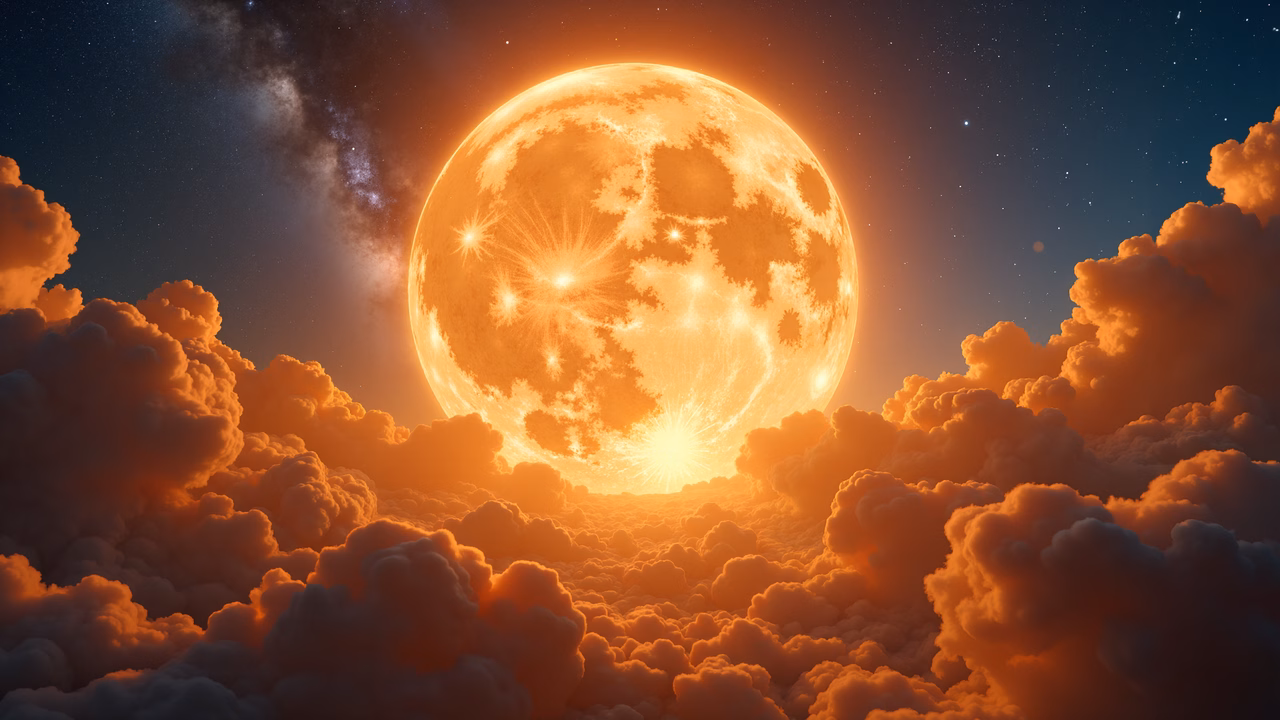 A mesmerizing full moon illuminating a starry night sky filled with clouds.