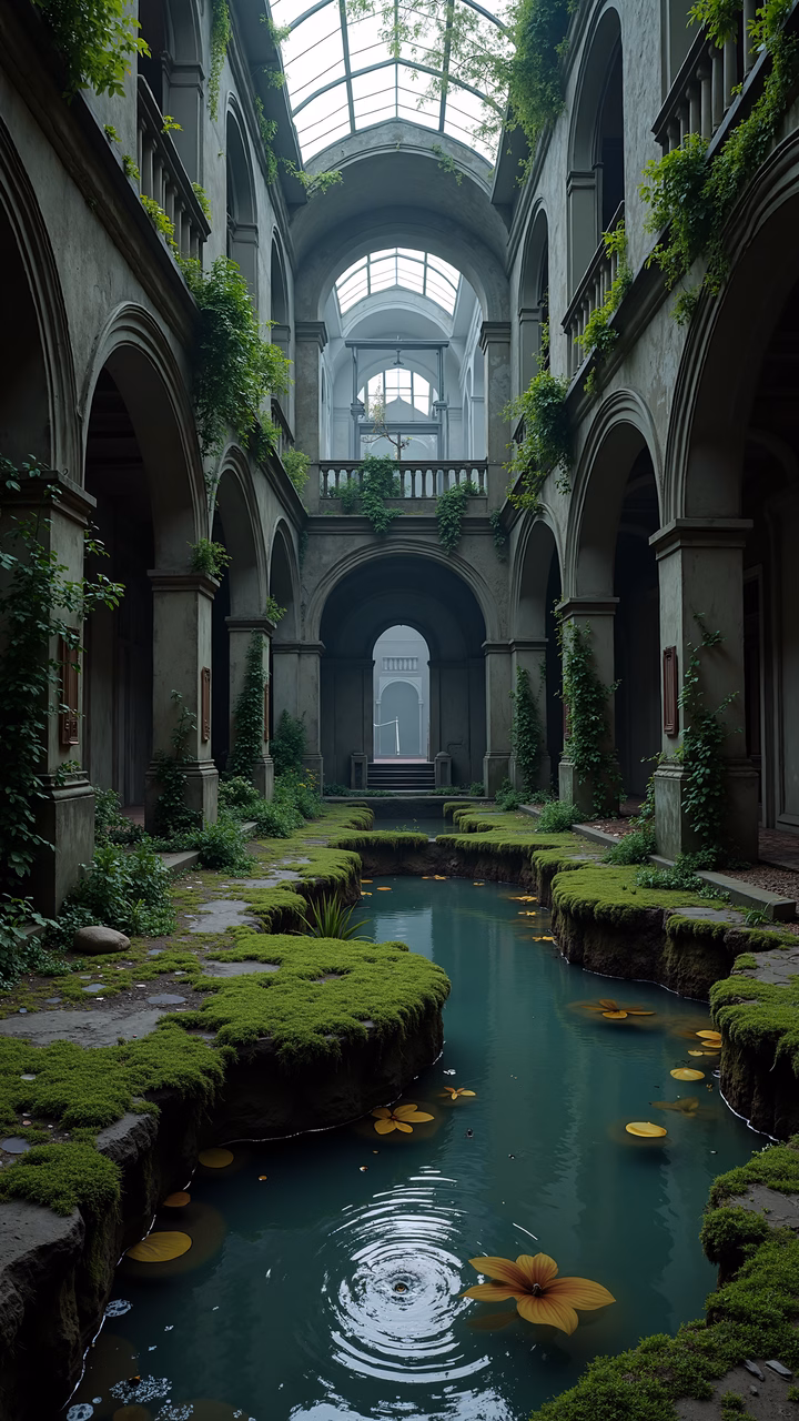 A tranquil courtyard with moss-covered walls and a reflective pond in an old building.