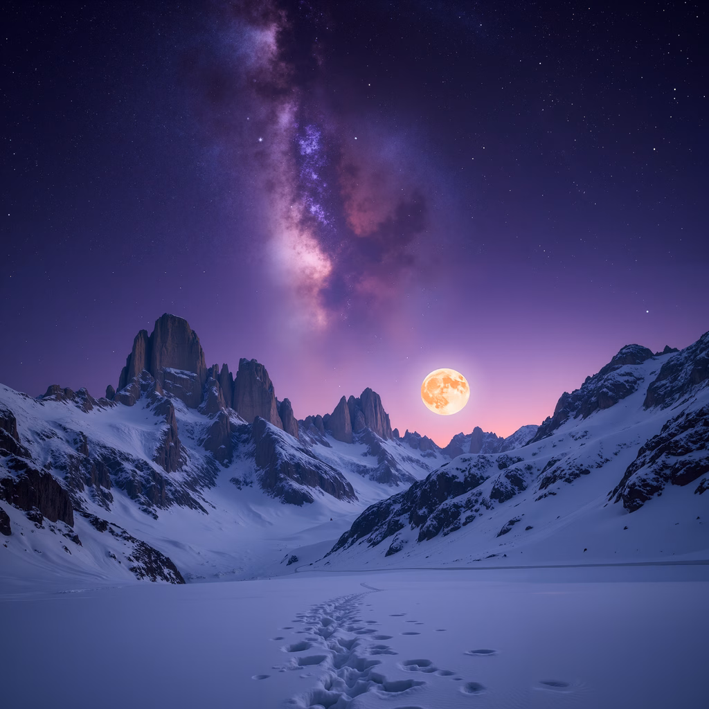 A stunning night sky over snow-capped mountains with a full moon and footprints leading into the distance.