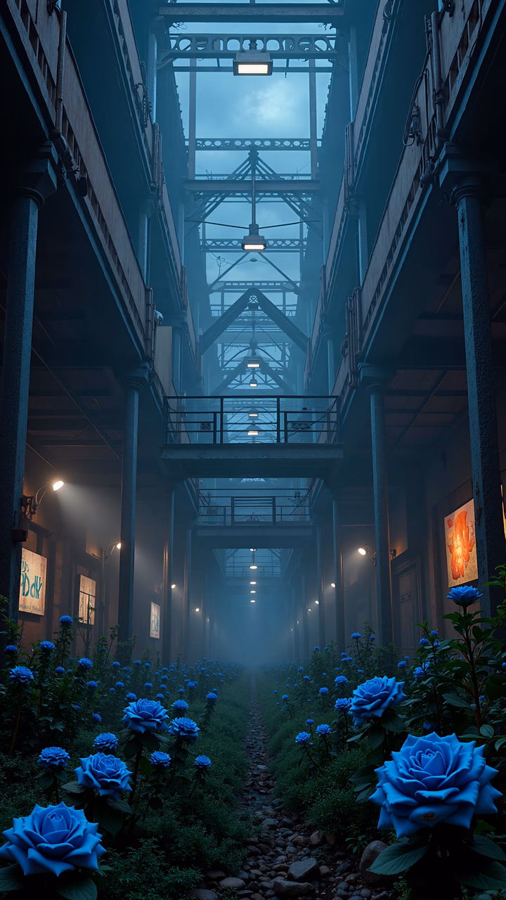 A mysterious passage lined with blue roses, blending industrial architecture with a serene, foggy atmosphere.